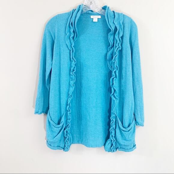 Garnet Hill Wool Blend Aqua Ruffle Neck Cardigan - Picture 1 of 6